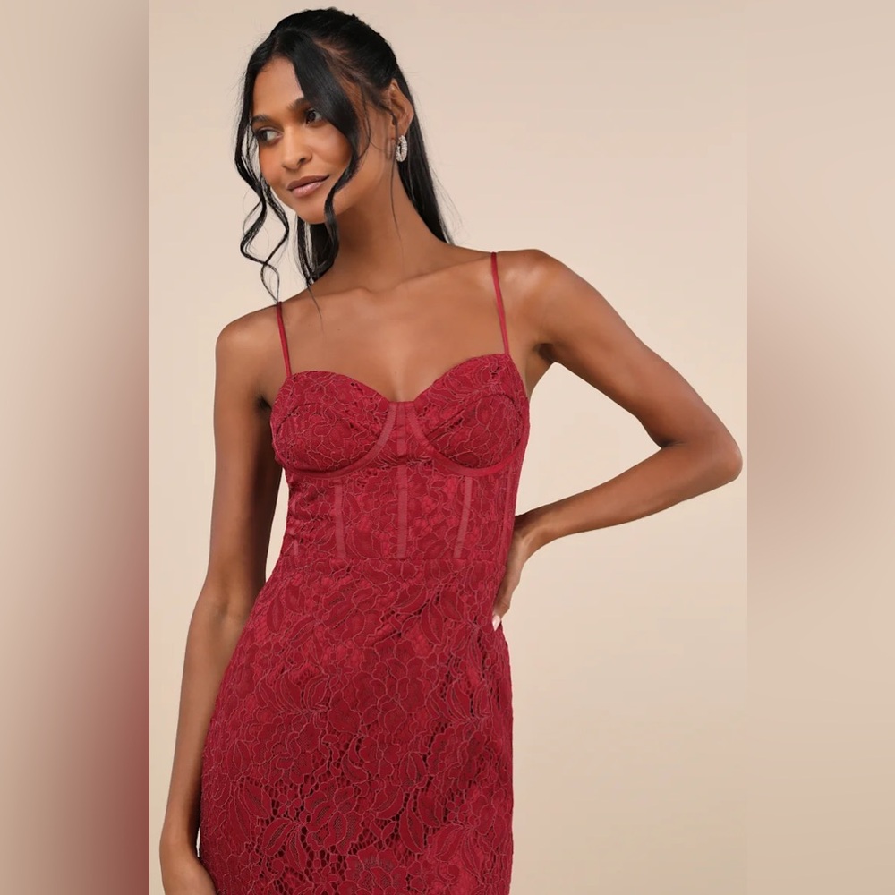 Lulu’s Found Your Love Wine Red Lace Sleeveless Trumpet Midi Dress - Picture 2 of 10